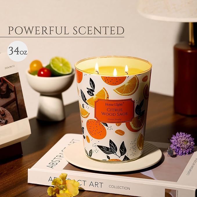 HomeLights Citrus Wood Sage Scented Candles | 34oz Soy Candles Eclectic Mixed Styles 3-Wick Large