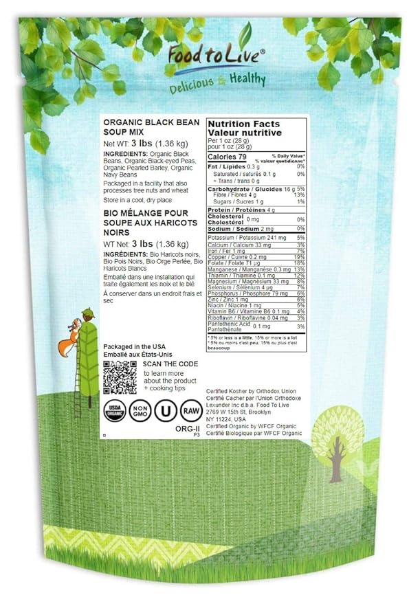 Food to Live Organic Black Bean Soup Mix, 3 Pounds - Contains Non-GMO Black Beans, Black-eyed Peas