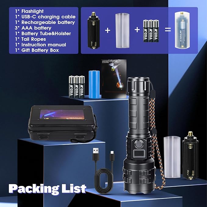 Flashlights High Lumens Rechargeable, 1000000 Lumens Hight Lumens Super Bright Handheld LED Flash