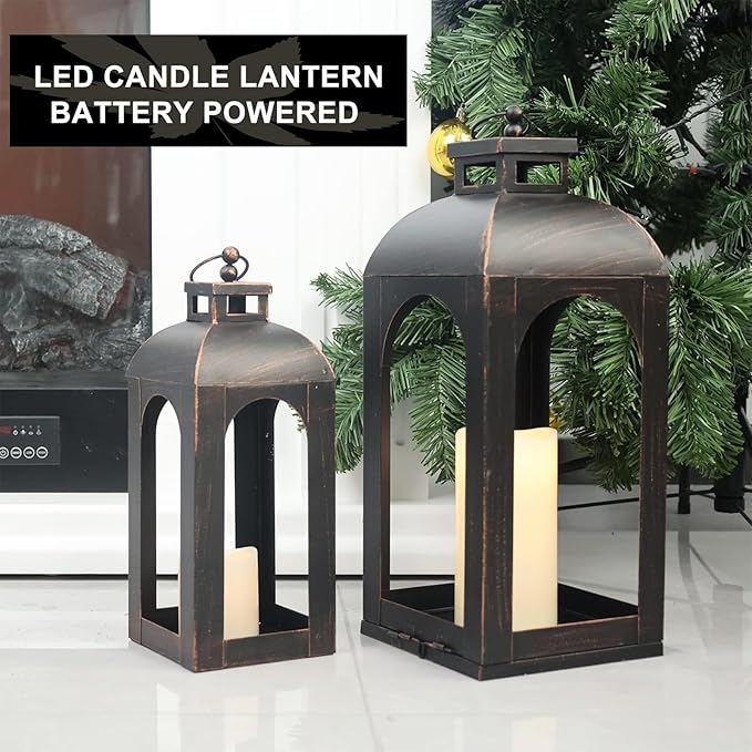 DECORKEY LED Lantern Decorative Outdoor&Indoor, Set of 2 (17’’&13’’) Black Metal Lanterns Decor