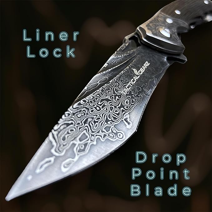 TACTICAL GEARZ Damascus Pocket Knife, Ebony Handle w/Carved Steel Head, Multi-Layered Damascus