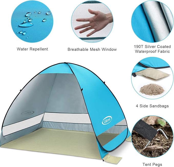 G4Free Large Pop up Beach Tent for 3-4 Person, UPF 50+ Automatic Sun Shelter Canopy Portable