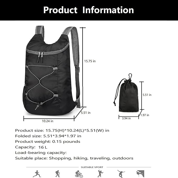 16L Lightweight Foldable Hiking-Backpack Small Packable-Daypack For Travel,Ultralight