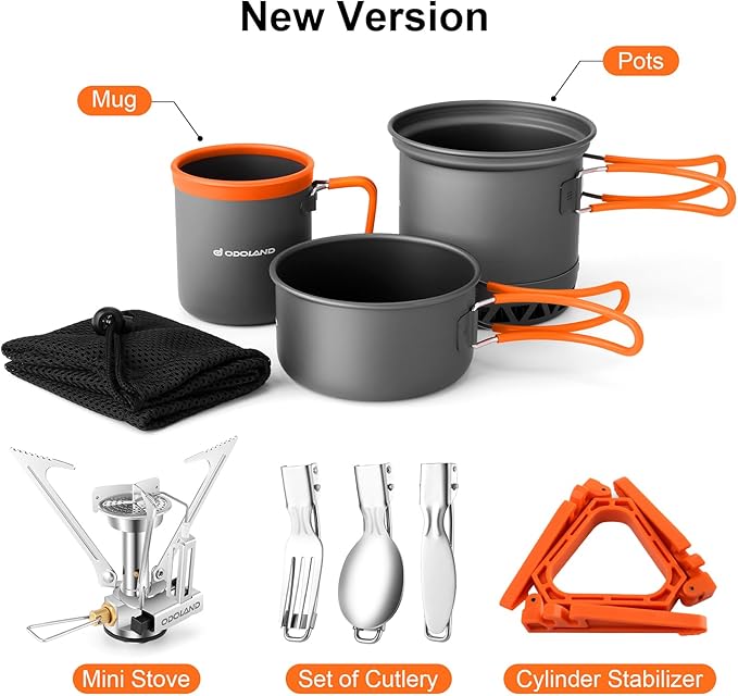 Odoland Camping Pots with Heat Exchanger Camping Cooking Set with Portable Camping Stove Camping