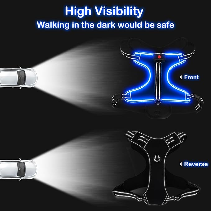 Light Up Dog Harness, No Pull LED Dog Harness with Handle, Rechargeable Lighted Safety Vest for
