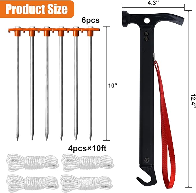Eurmax USA Hiking Camping Tent Stakes and Hammer Set Lightweight Multi-Function Tent Hammer with