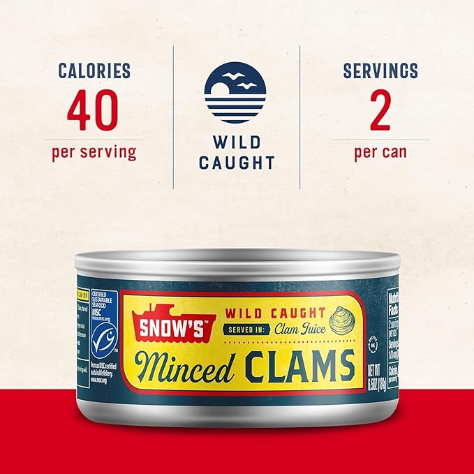 Snow's Wild Caught Minced Clams Canned, 6.5 oz Can (Pack of 12) - 5g Protein Per Serving - Gluten