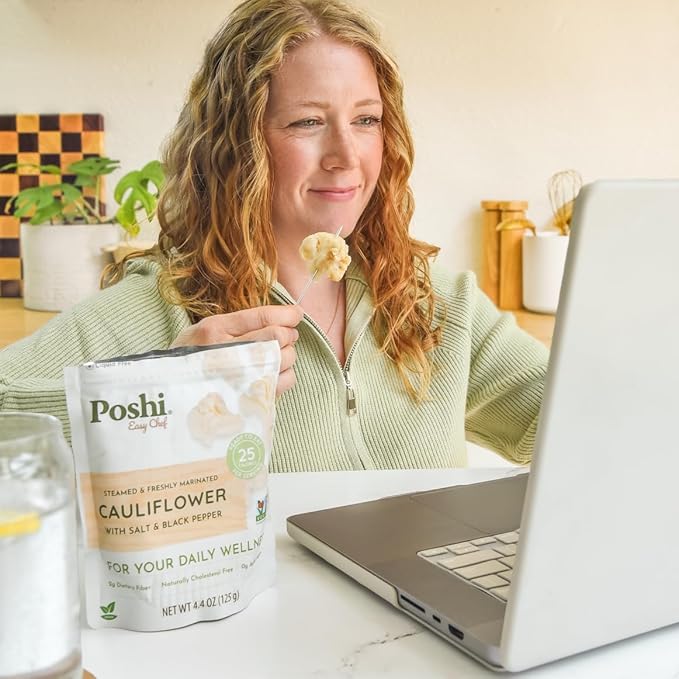 POSHI Marinated Cauliflower Florets with Salt + Black Pepper Natural, Keto, Vegan, Non GMO, Low