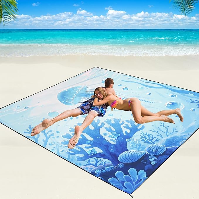 Beach Blanket Waterproof Sandproof Beach Mat 79" X 83"/10'x9'for 2-8 Adults Quick Drying Outdoor