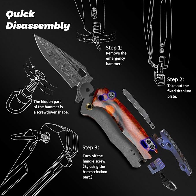 Damascus steel multifunctional EDC folding knife with self assembling pocket clip, lining lock