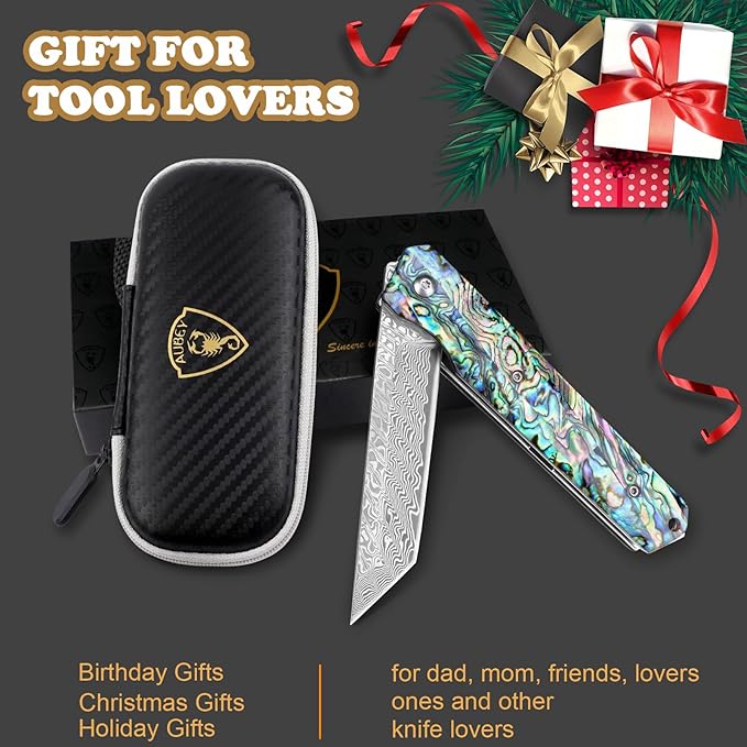 AUBEY Damascus Pocket Knife with Clip, Sharp Tanto Blade with VG10 Core Folding Knife with Abalone