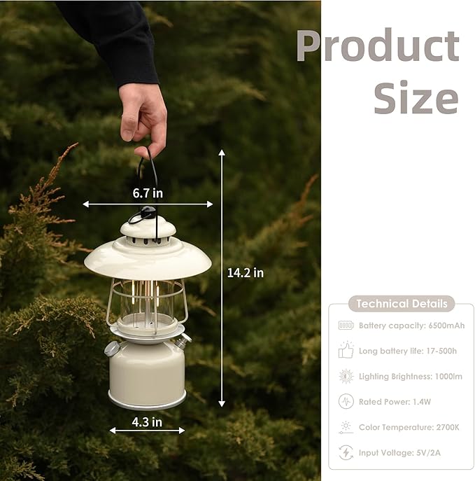 Metal Retro Classic LED Camping Lantern, 6500mAh Rechargeable Battery Last 17-500 Hours Camping