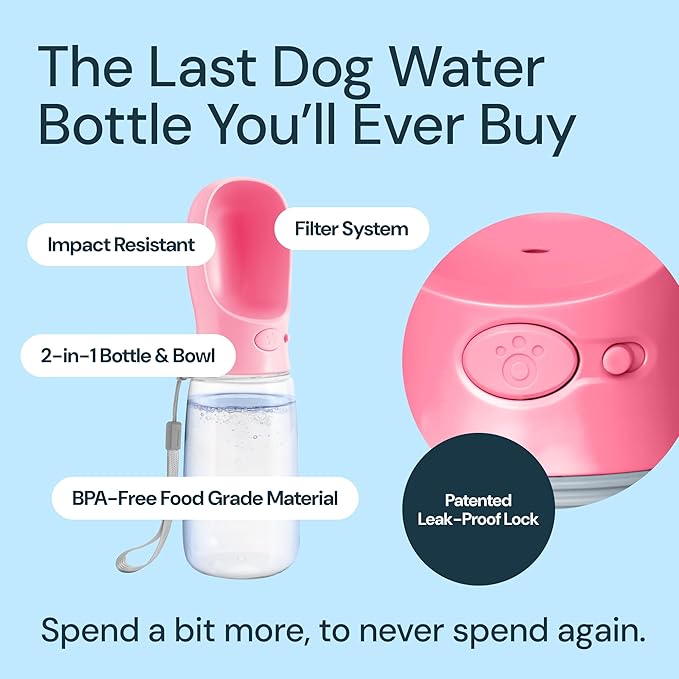 MalsiPree Dog Water Bowl Dispenser - 12 oz, Pink - One-Hand Operation & Dog Water Bottle Portable