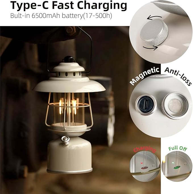Metal Retro Classic LED Camping Lantern, 6500mAh Rechargeable Battery Last 17-500 Hours Camping