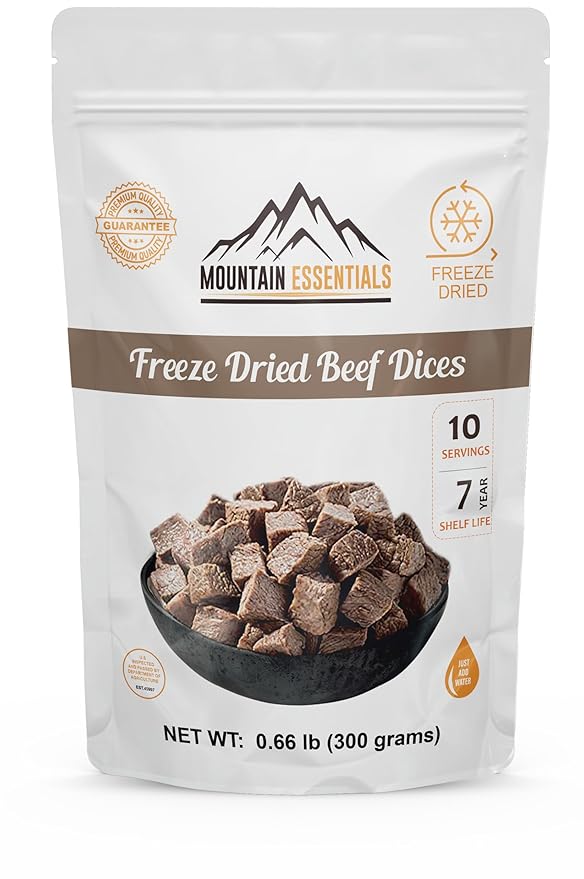 MOUNTAIN ESSENTIALS Freeze-Dried Diced Beef ??Fully Cooked Meat | Pre-Cooked | 240g High Protein