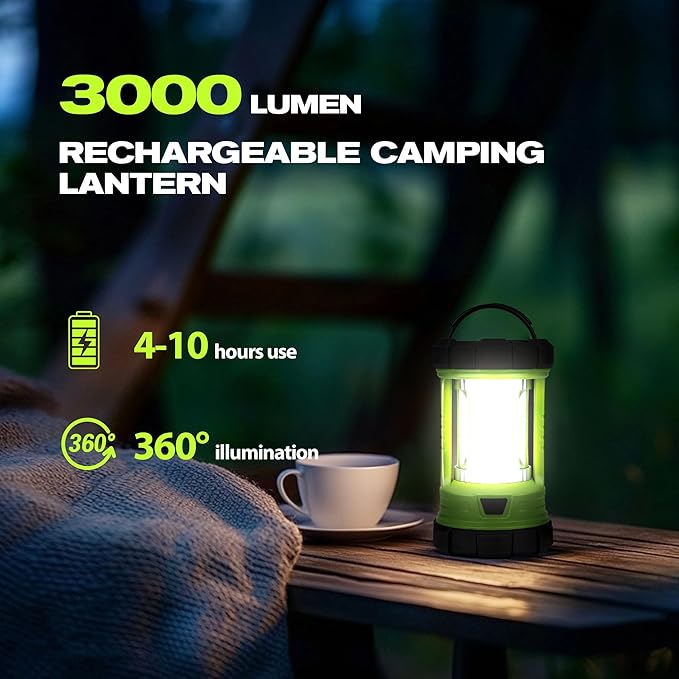 Camping Lantern, 3000LM LED Rechargeable Battery Operated Lantern, 5 Light Modes, COB Waterproof