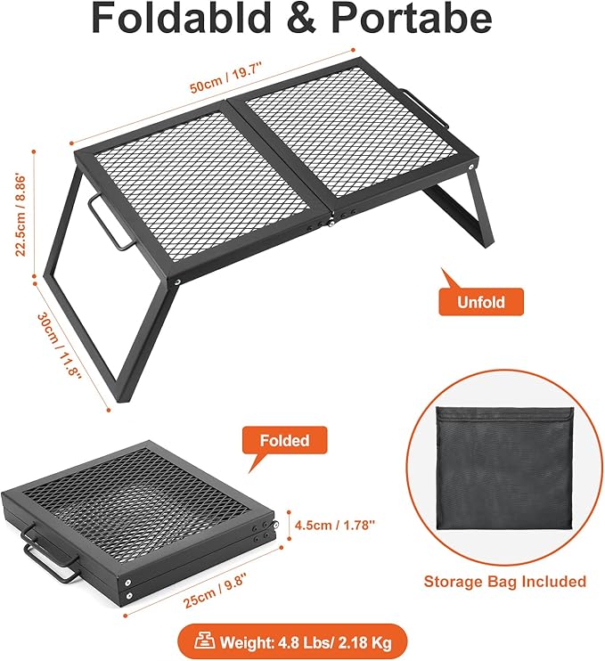 Odoland Folding Campfire Grill, Heavy Duty Steel Mesh Grate with Folding Legs and Storage Bag