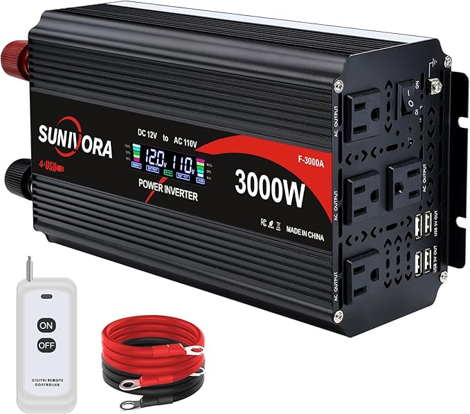 3000 Watt Inverter with LCD & Remote Control 12V DC to 110V/120V AC 60HZ Power Converter