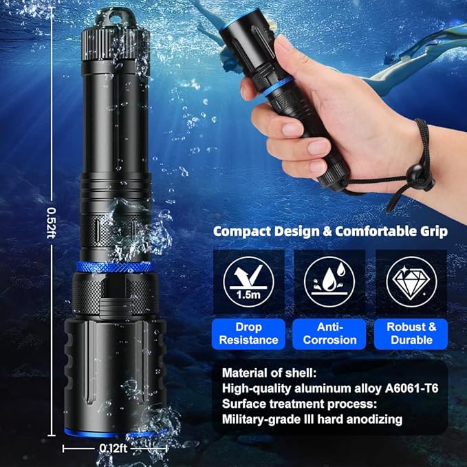 1000 Lumens Dive Light, Waterproof IPX8 100M, Rechargeable LED Flashlight with 11° Beam Angle