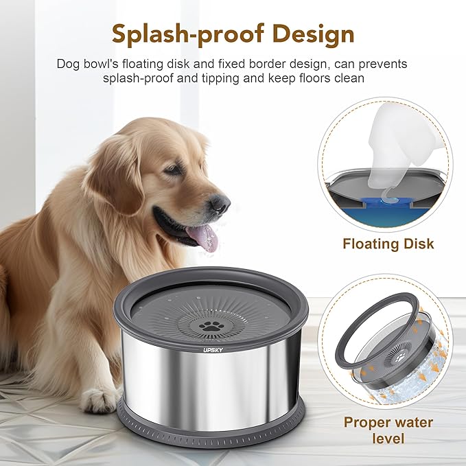 UPSKY Super Large Capacity No Spill Dog Bowl, 6.5L Stainless Steel Spill Proof Slow Water Feeder