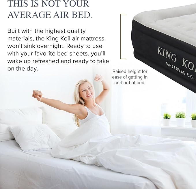 King Koil Luxury Air Mattress Queen with Built in Pump, Integrated Premium Pillow Inflatable Airbed