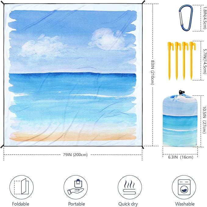Beach Blanket Waterproof Sandproof Beach Mat 79" X 83"/10'x9'for 2-8 Adults Quick Drying Outdoor