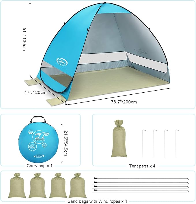 G4Free Large Pop up Beach Tent for 3-4 Person, UPF 50+ Automatic Sun Shelter Canopy Portable