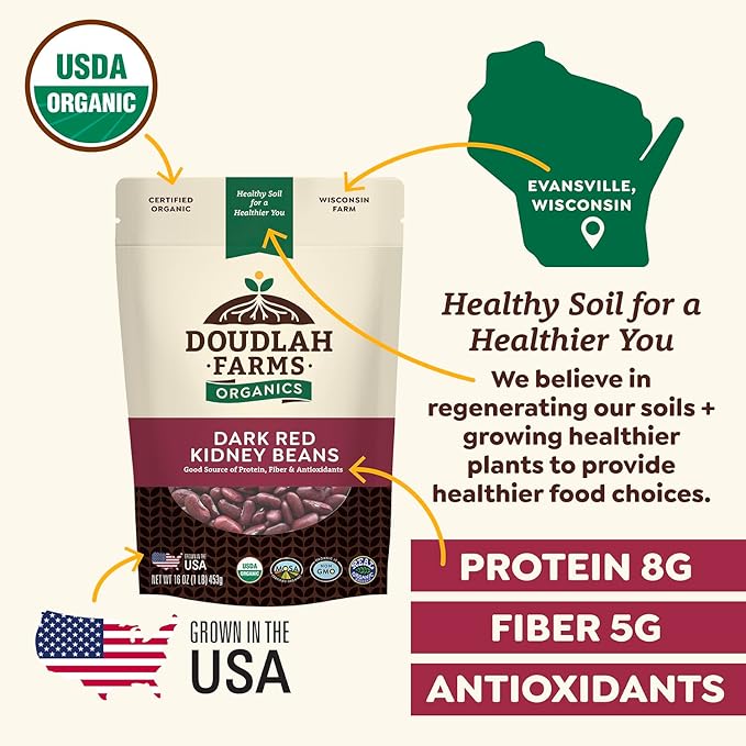 Organic Dried Dark Red Kidney Beans 5 lb - Non-GMO, USDA Organic, Farmed From Regenerative Soil