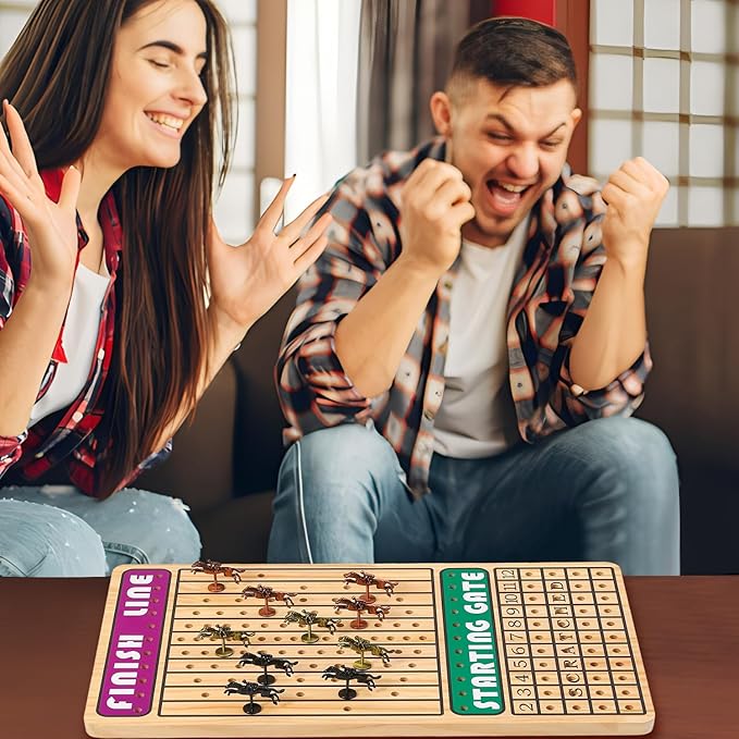 21 in Horse Race Board Game Racing Game Thickened Solid Wood with 11 Metal Horses, 2 Cards & 4