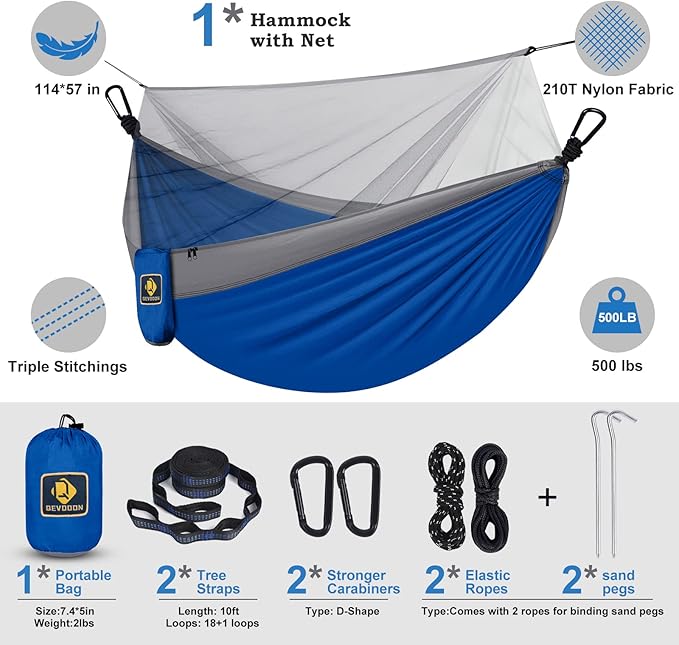Camping Hammock with Net,Travel Portable Lightweight Hammocks with Tree Straps and Solid D-Shape