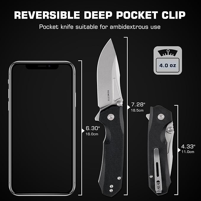 EDC Pocket Knife Rhino,3" D2 Steel Blade Durable G10 Handle, Folding Pocket Knives with Reversible