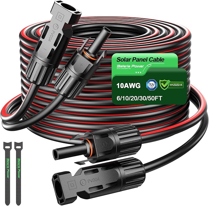 Bateria Power 10Ft 10AWG Solar Panel Extension Cable, 6mm² Twin PV Wire Conductor Parallel Solar
