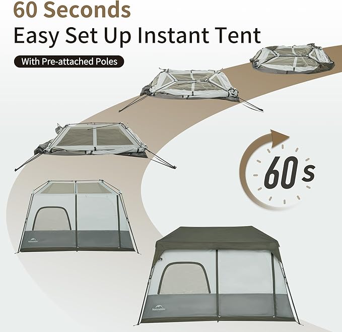 Naturehike Cape 4/6/8 Person Camping Tent, 60S Easy Setup Instant Tent Pop up Tent, Waterproof