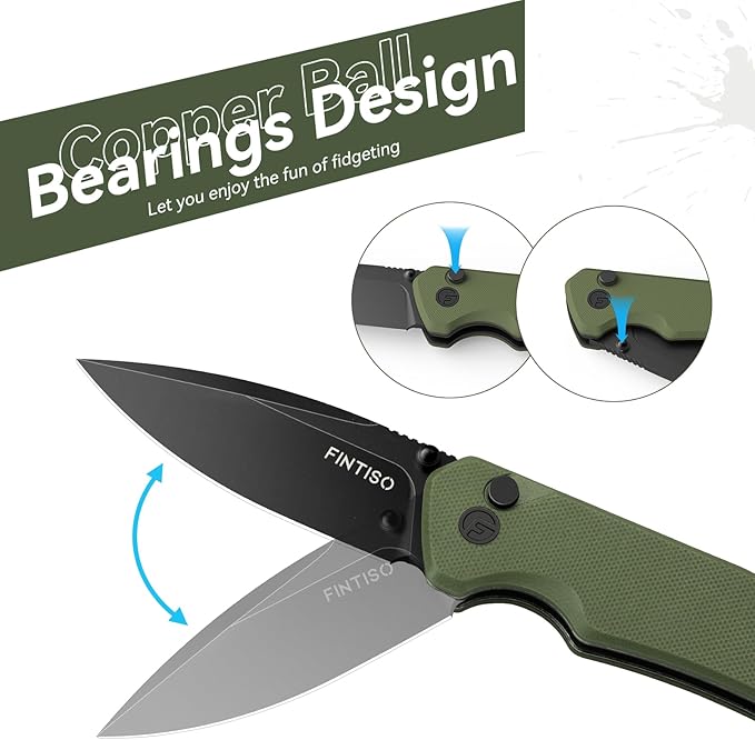 FINTISO Pocket Knife, 3" 14C28N Steel Blade G10 Handle Small EDC knife with Button Lock, Sharp