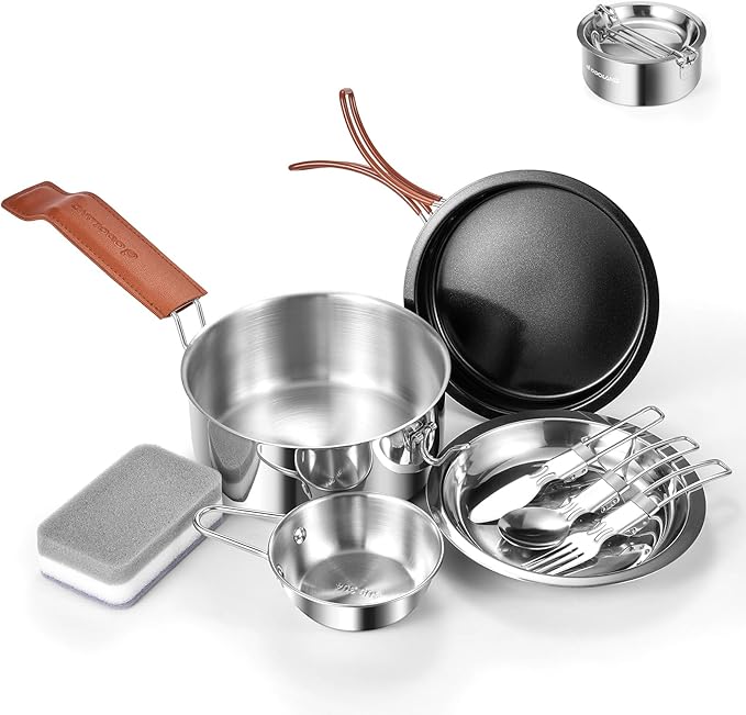 Odoland 10pcs Camping Cookware Stainless Steel Camping Pot and Pan Set with Plate Bowl Fork Knife