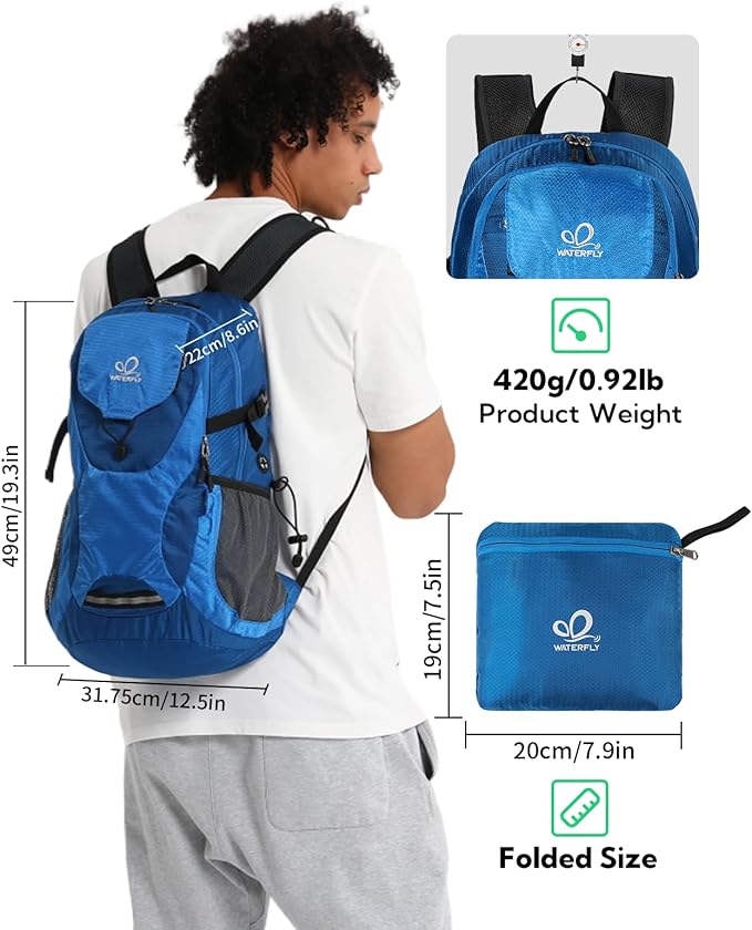 WATERFLY Lightweight Packable Hiking Backpack: 30L Foldable Travel Daypack Ultralight Camping Day