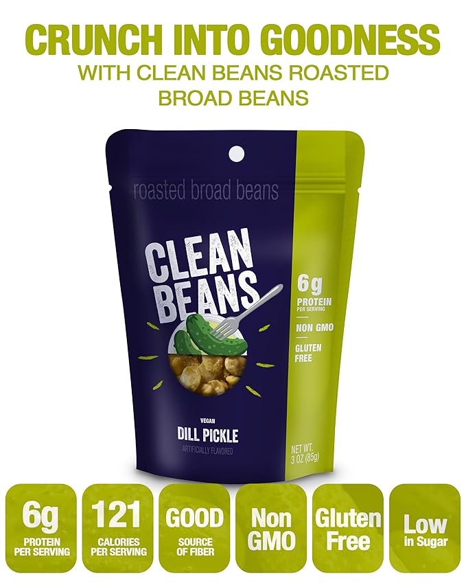 Clean Beans Broad Fava Beans Snack - Dill Pickle Flavor, 6g Protein, Low Sugar, Non-GMO, Non-Gluten