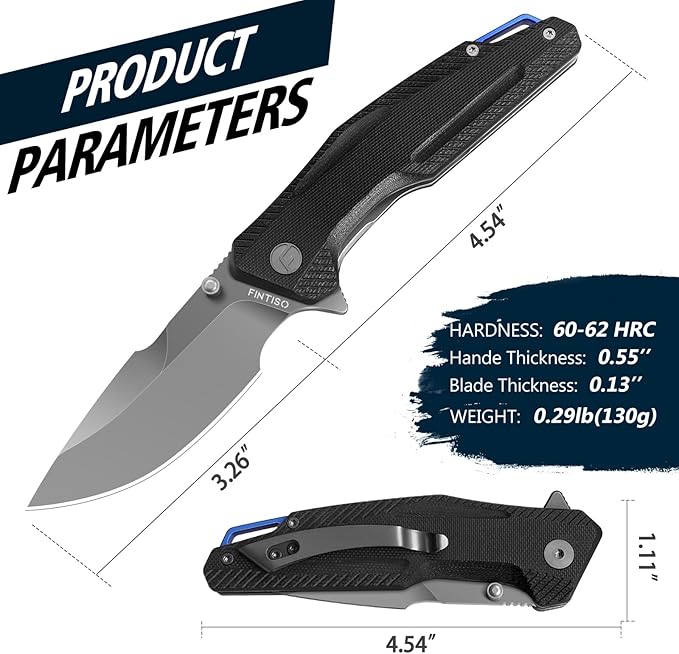 FINTISO Pocket Knife, 3.26" Premium 14C28N Blade G10 Handle with Fire Starter Function, Folding