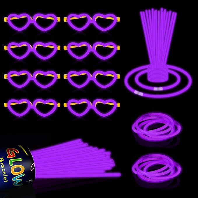 60 Pack 8??Purple Glow Sticks Bulk Bright Glow Sticks with 60 Connectors 20 Heart Glasses Glow In