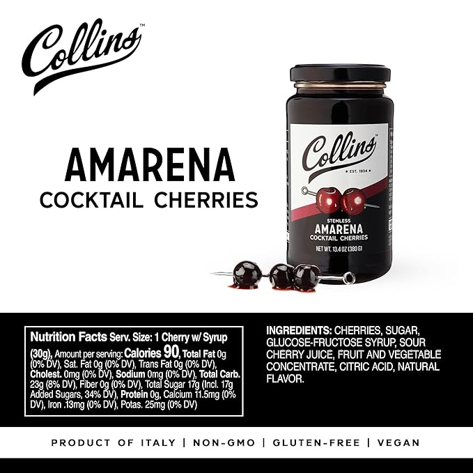 Collins Amarena Cherries in Syrup | Premium Garnish for Cocktails, Martinis, Old Fashioned