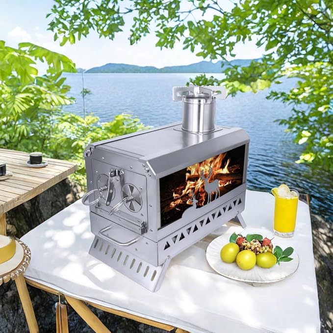 Outdoor Camping Tent Stove Portable Stainless Steel with Chimney Barbecue Net for Outdoor Cooking