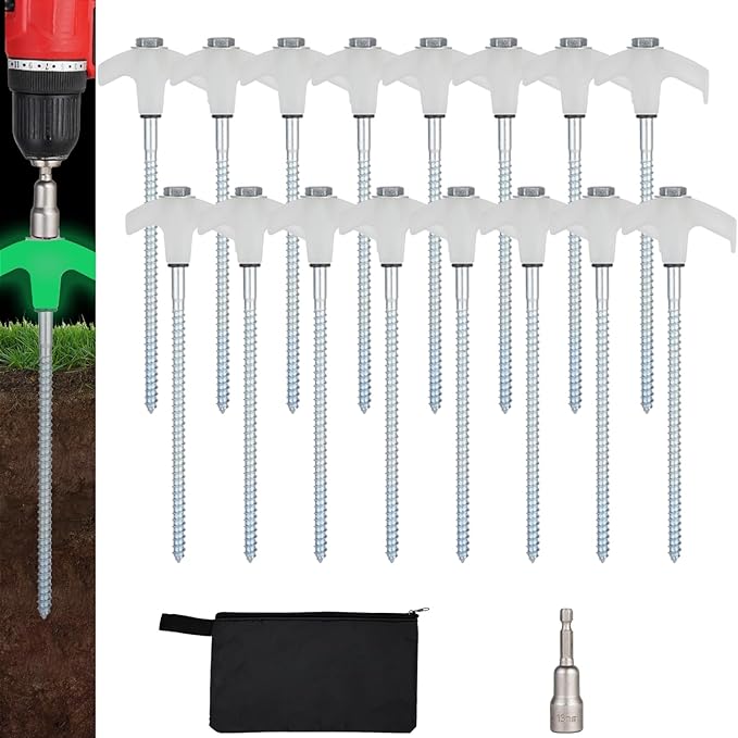 16 Pack Screw in Tent Stakes Heavy Duty,8 Inch Ground Anchors Screw in,Metal Stakes with Hex Head
