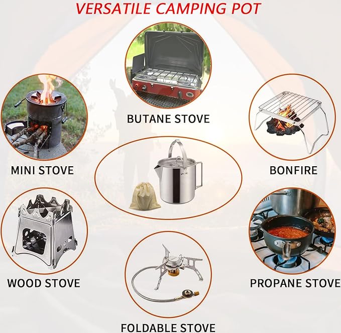 Camping Tea Kettle, Portable 1.2L Coffee Pot, Outdoors Camping Pot, with Handles and with Lids for