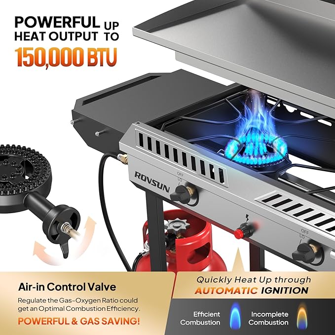 ROVSUN 2 Burner Outdoor Propane Gas Stove with Auto-ignition, Regulator & Shelf, 150,000 BTU