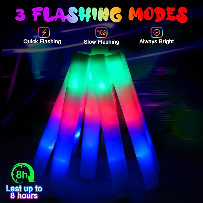 100 PCS Foam Glow Sticks, Bulk Glow Sticks with 3 Modes Colorful Flashing, LED Light Sticks, Glow