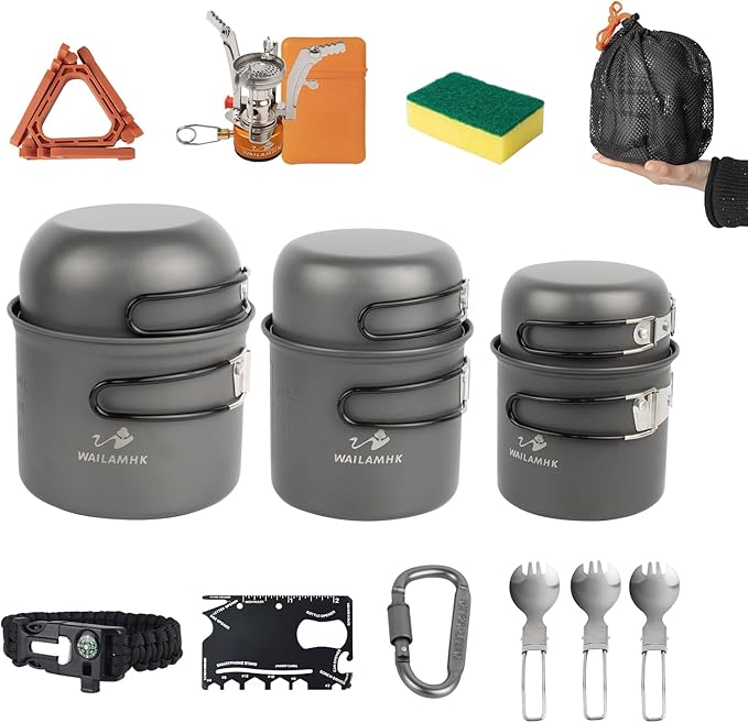 Camping Cookware Mess Kit, 17 pcs Backpacking Cooking Gear, Lightweight Camping Pots and Stove Set
