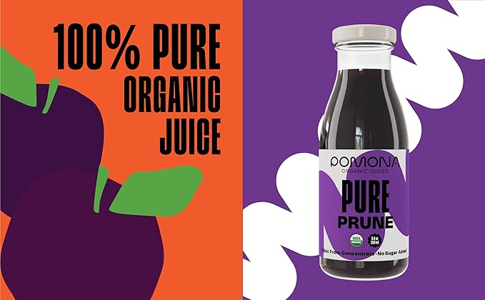 Pomona Organic Juices Pure Prune Juice, 8.4 Ounce Bottle (Pack of 12), Cold Pressed Organic Juice