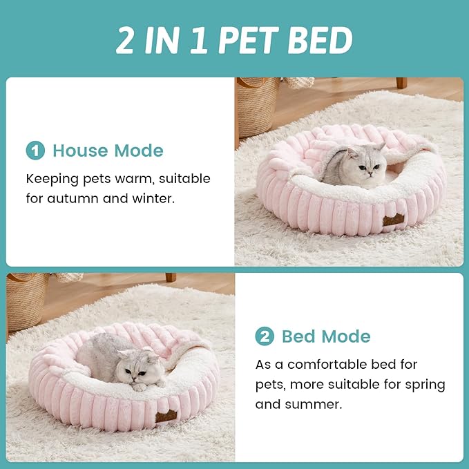 Cat Bed with Hooded Blanket, Round Fluffy Anti-Anxiety Pet Bed for Cats/Small Dogs, Cozy Donut