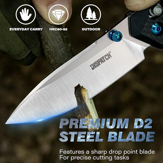 Dispatch Axis Lock Folding Pocket Knife with Clip, 3.27" D2 Steel Blade and Carbon Fiber Handle