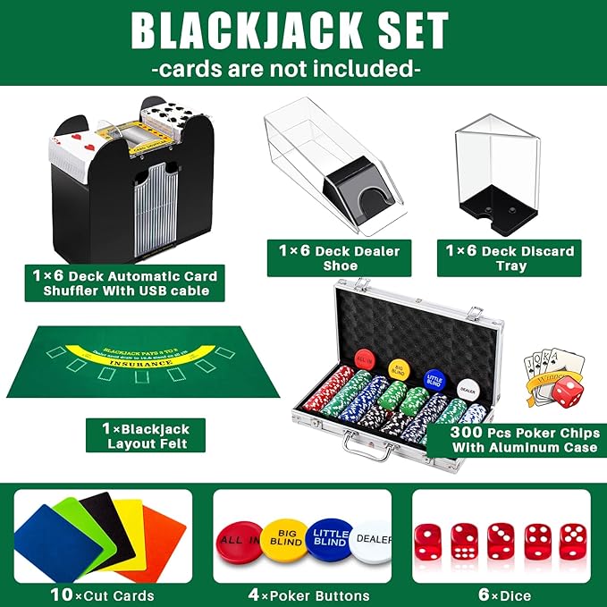 Aoriher Blackjack Casino Game Set, Include 300 Poker Chips, Casino Felt 1 Automatic Card Shuffler 6